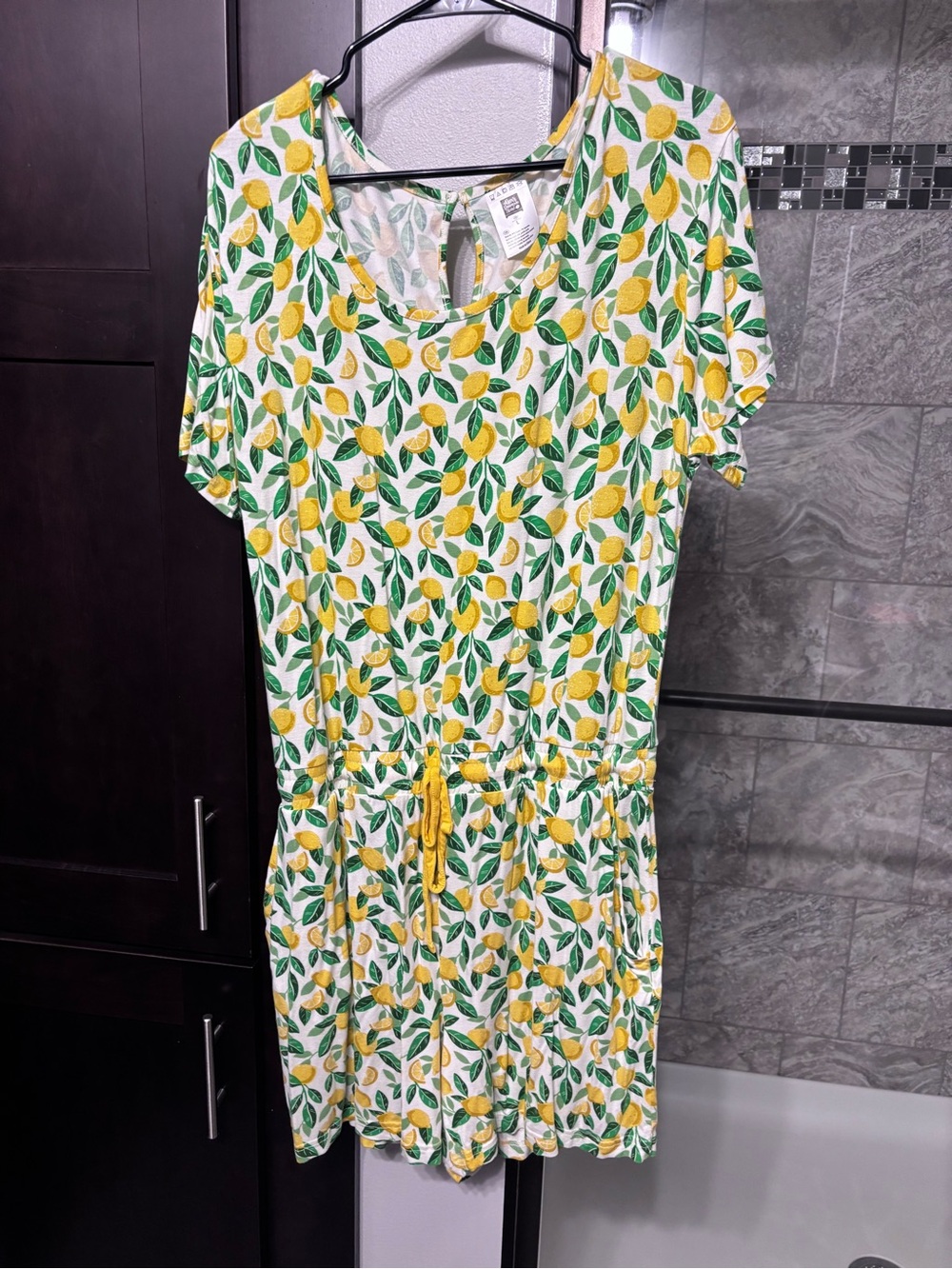Women’s Lemon Print Short Sleeve Drawstring Romper - Yellow & Green